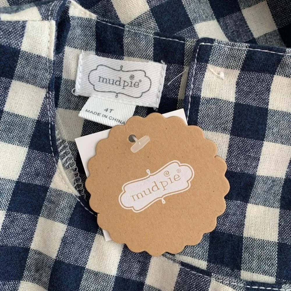 Mud Pie Girl’s Size 4T Blue White Gingham Dot Long Sleeve Tunic Top NWT